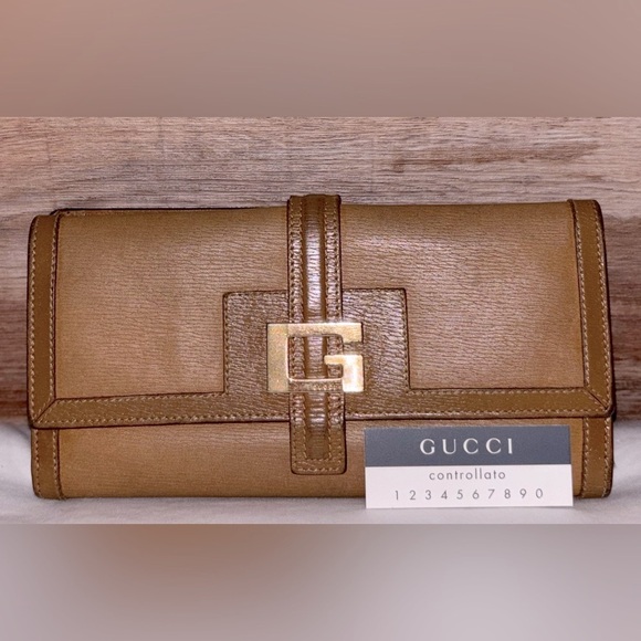 Gucci Vintage Tan Leather Long Wallet Gold Accent - Picture 1 of 12